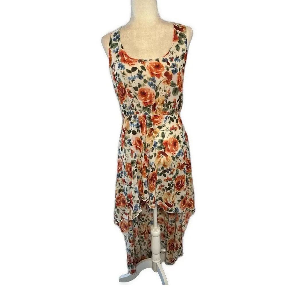 Loueman Women’s Blue Green Orange Floral Tank High Low Dress Medium